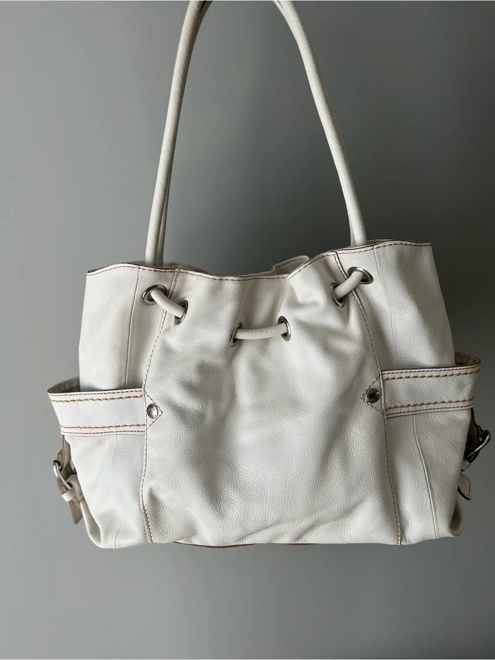 Fossil Cream Leather Cinch Hobo Bag